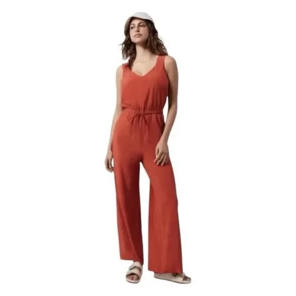 Athleta Savannah Jumpsuit Orange Red Stretch Knit Wide Leg V Neck